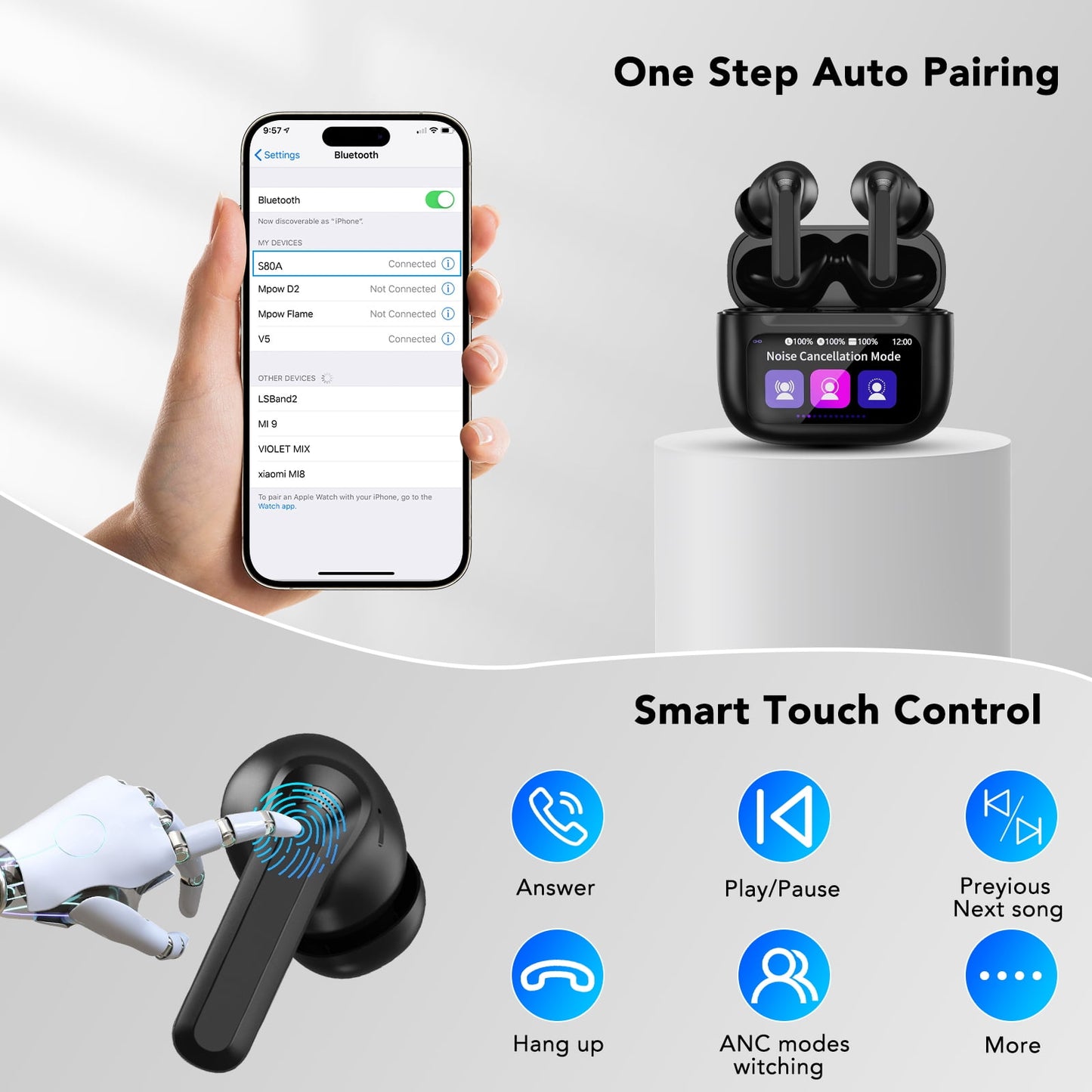 Touch Screen Wireless Earbuds Bluetooth Headphones with 50H Playtime,