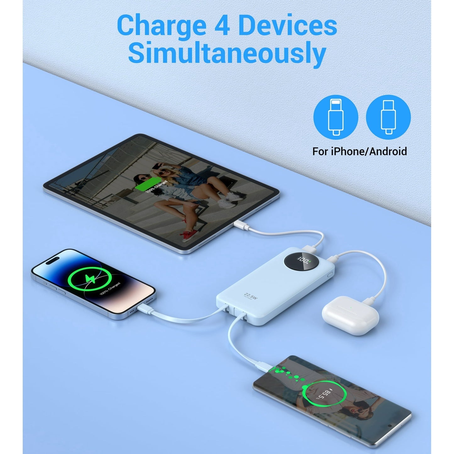 JIUMESS 10000mAh Power Bank with Cables 22.5W Fast Portable Charger Co
