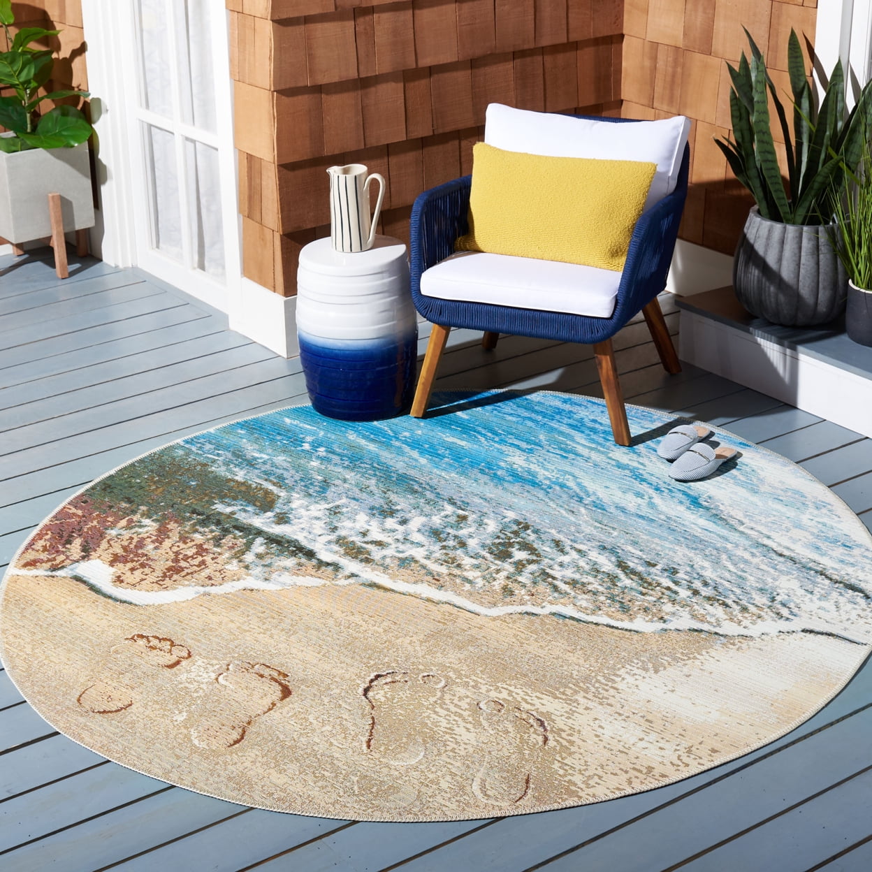 SAFAVIEH Barbados Sand Footprints Outdoor Area Rug, Gold/Blue, 8' x 10