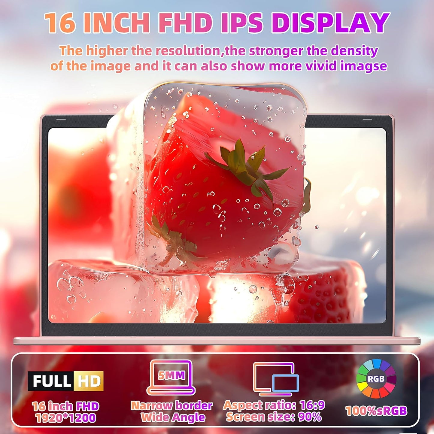 Rumtuk 16" Rose Gold Laptop, DDR4 16GB RAM, 1TB SSD, Win 11 Pro/Office