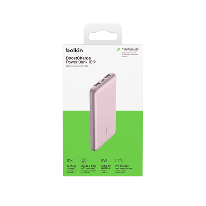 Belkin Portable Charger, USB-C Power Bank 10,000mAh w/ 1xUSB-C and 2xU
