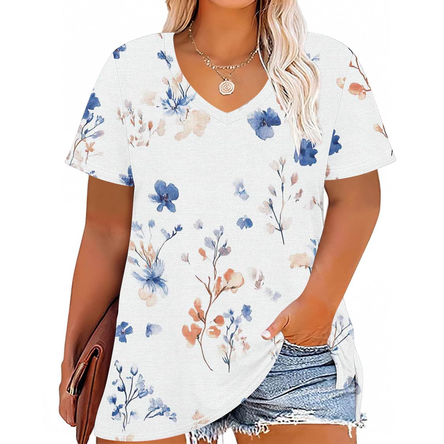Women Tops Trendy Sawvnm Women's Plus-Size V-Neck Short Sleeved Printi
