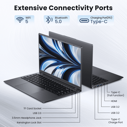RNRUO 14" Laptop with Windows 11, 12GB RAM 128GB SSD, FHD Screen USB-C