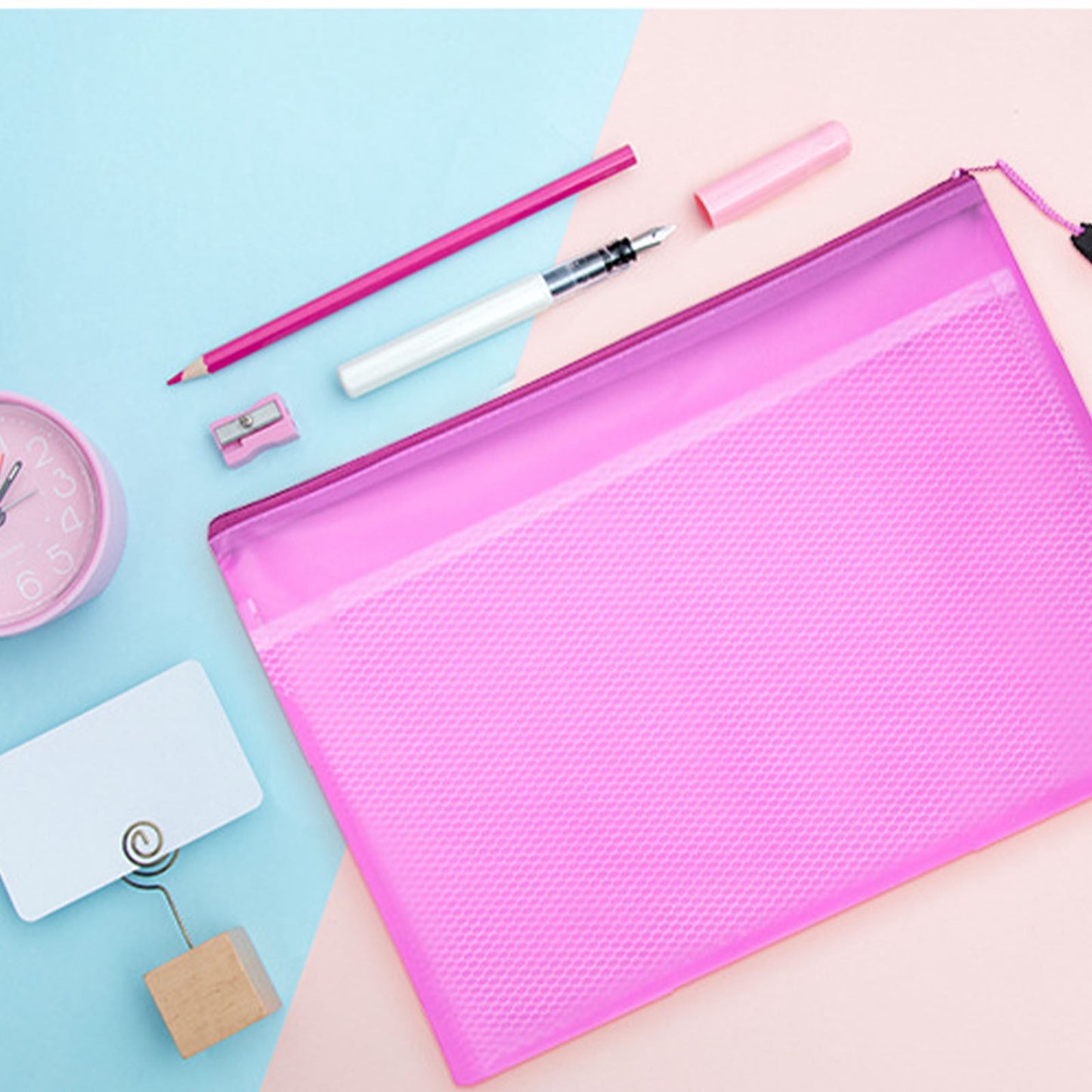 Blue A4 Mesh Zipper File Bags, Waterproof Document Organizer Pouch for