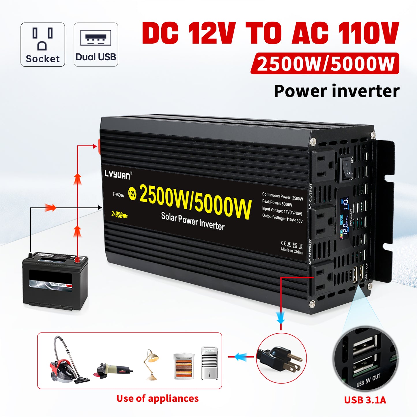 2500W 5000W Peak Modified Sine Wave Power Inverter 12V DC to 110V AC C