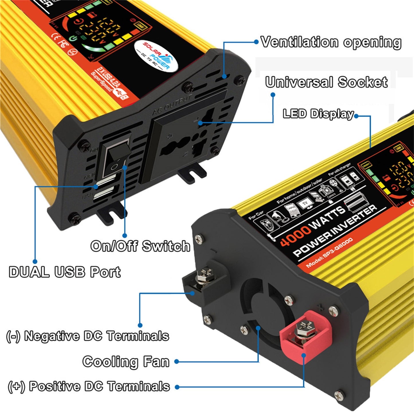 WheelX Portable Car Power Inverter 4000W,DC12V to AC110/220V Transform