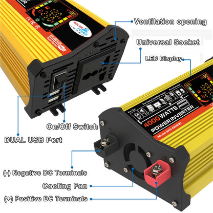 WheelX Portable Car Power Inverter 4000W,DC12V to AC110/220V Transform