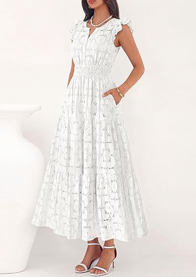 PRETTYGARDEN Womens Boho Maxi Dresses Summer Floral Lace Eyelet V Neck