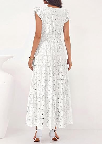 PRETTYGARDEN Womens Boho Maxi Dresses Summer Floral Lace Eyelet V Neck
