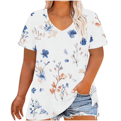 Women Tops Trendy Sawvnm Women's Plus-Size V-Neck Short Sleeved Printi