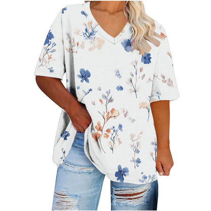 Women Tops Trendy Sawvnm Women's Plus-Size V-Neck Short Sleeved Printi