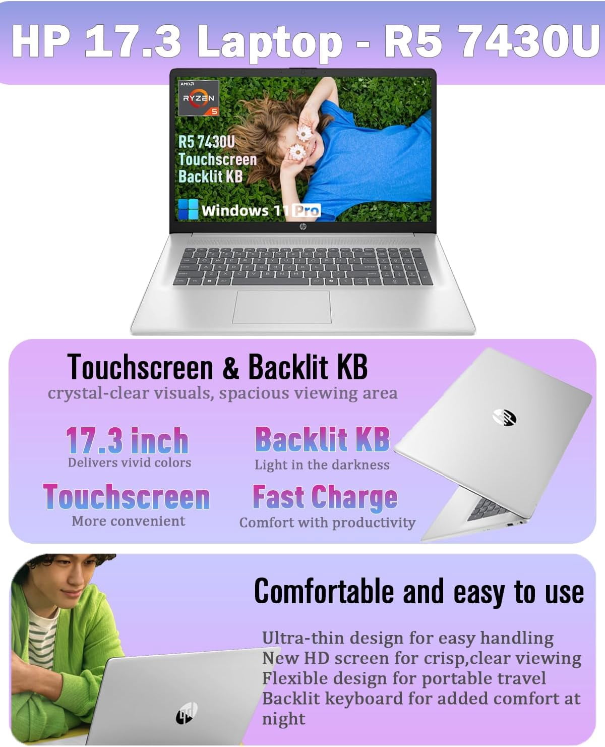 HP 17 Laptop Computer for Business, 17.3" 250 nits Touchscreen Display