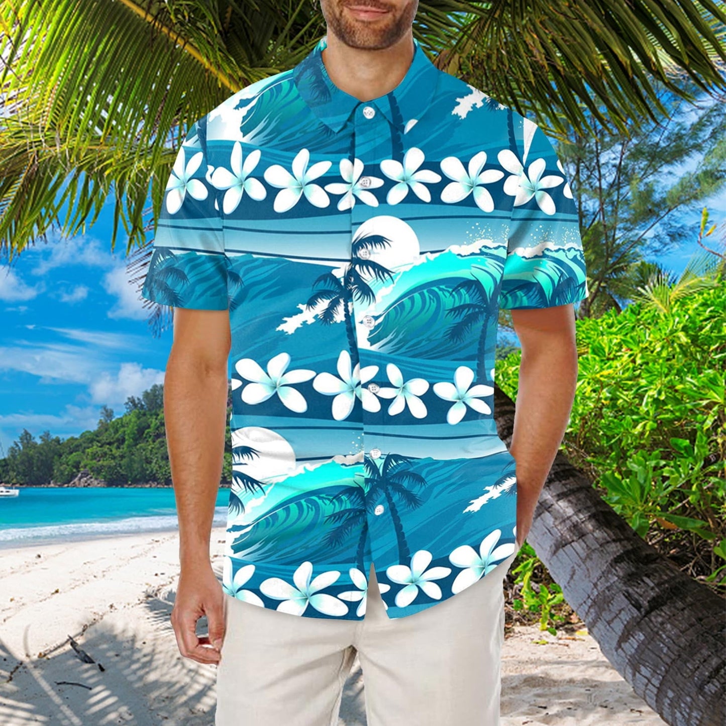 T Shirts for Men Printed Turn Down Short Sleeve Mens New Clothing,Blue