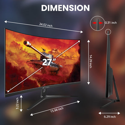 CRUA 27" 165Hz/180Hz Curved Gaming Monitor - FHD 1080P,FreeSync,1800R