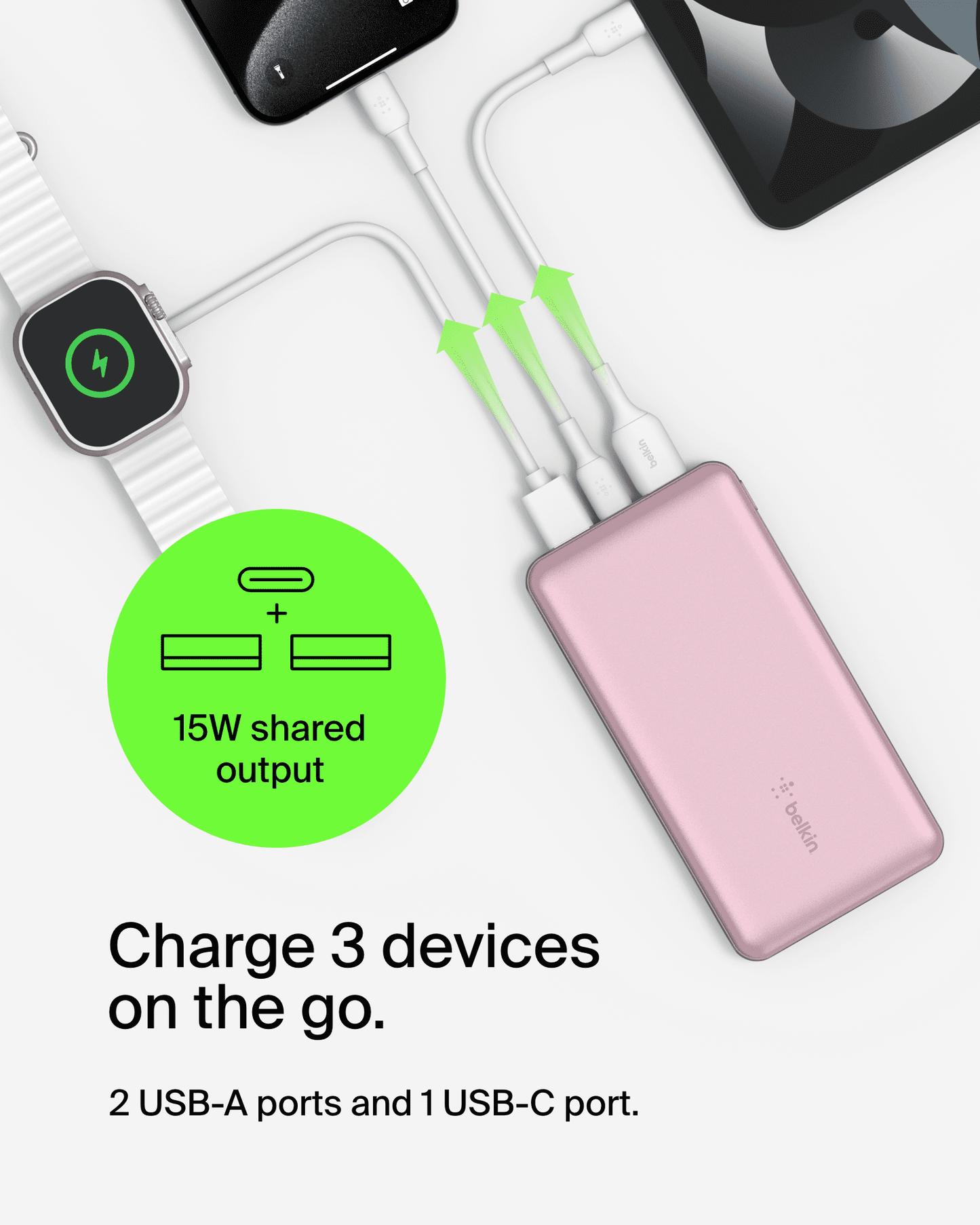 Belkin Portable Charger, USB-C Power Bank 10,000mAh w/ 1xUSB-C and 2xU