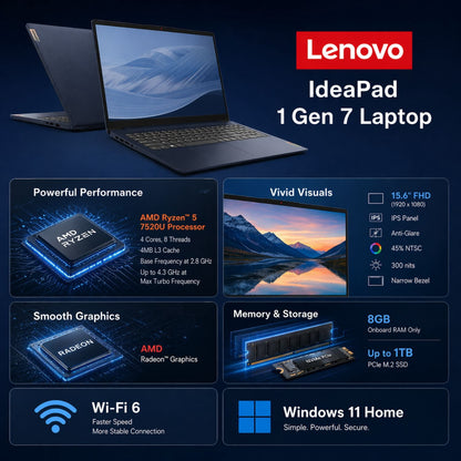Lenovo IdeaPad 1 15.6" FHD Laptop, AMD Ryzen 5 7520U, 8GB RAM, 256GB S