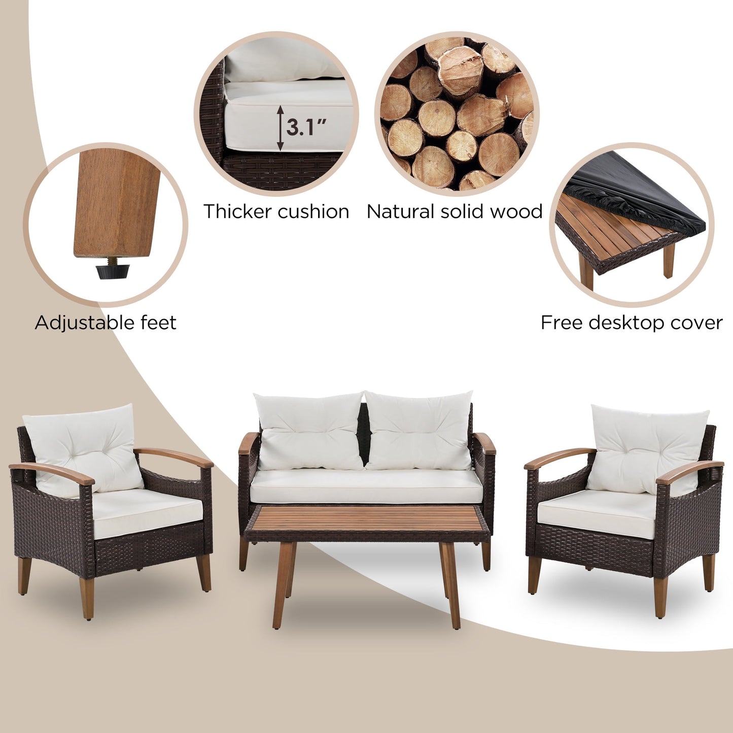 Patio Sofa Set, 4 Pieces Outdoor Sectional Furniture, All-Weather PE R