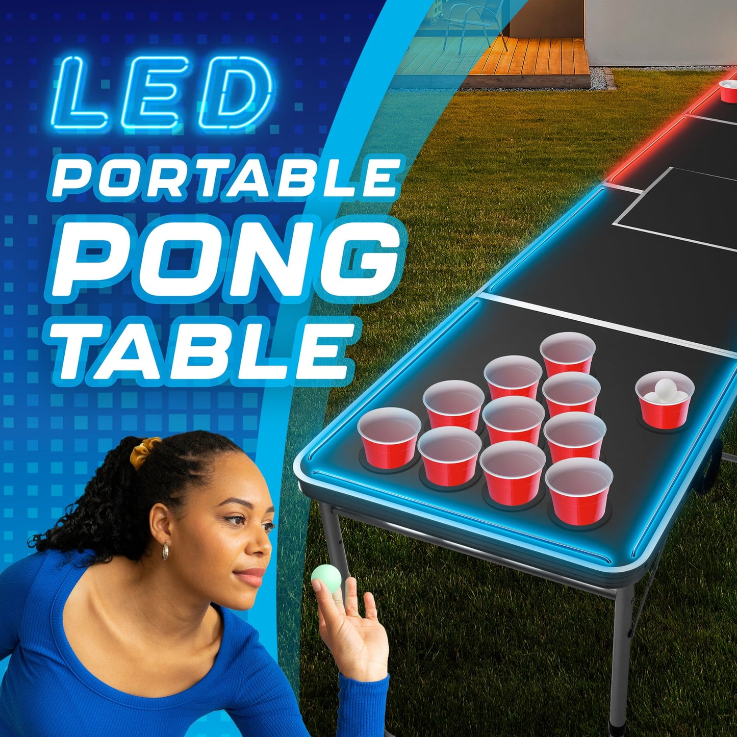 MinnARK Sports LED Portable Pong Table, Folding Party Game Set for Tai