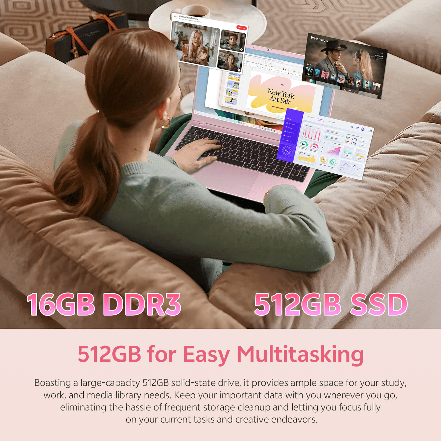 THTRO 15.6" Pink IPS FHD Laptop Computer, 512GB SSD 16GB RAM, Intel 65