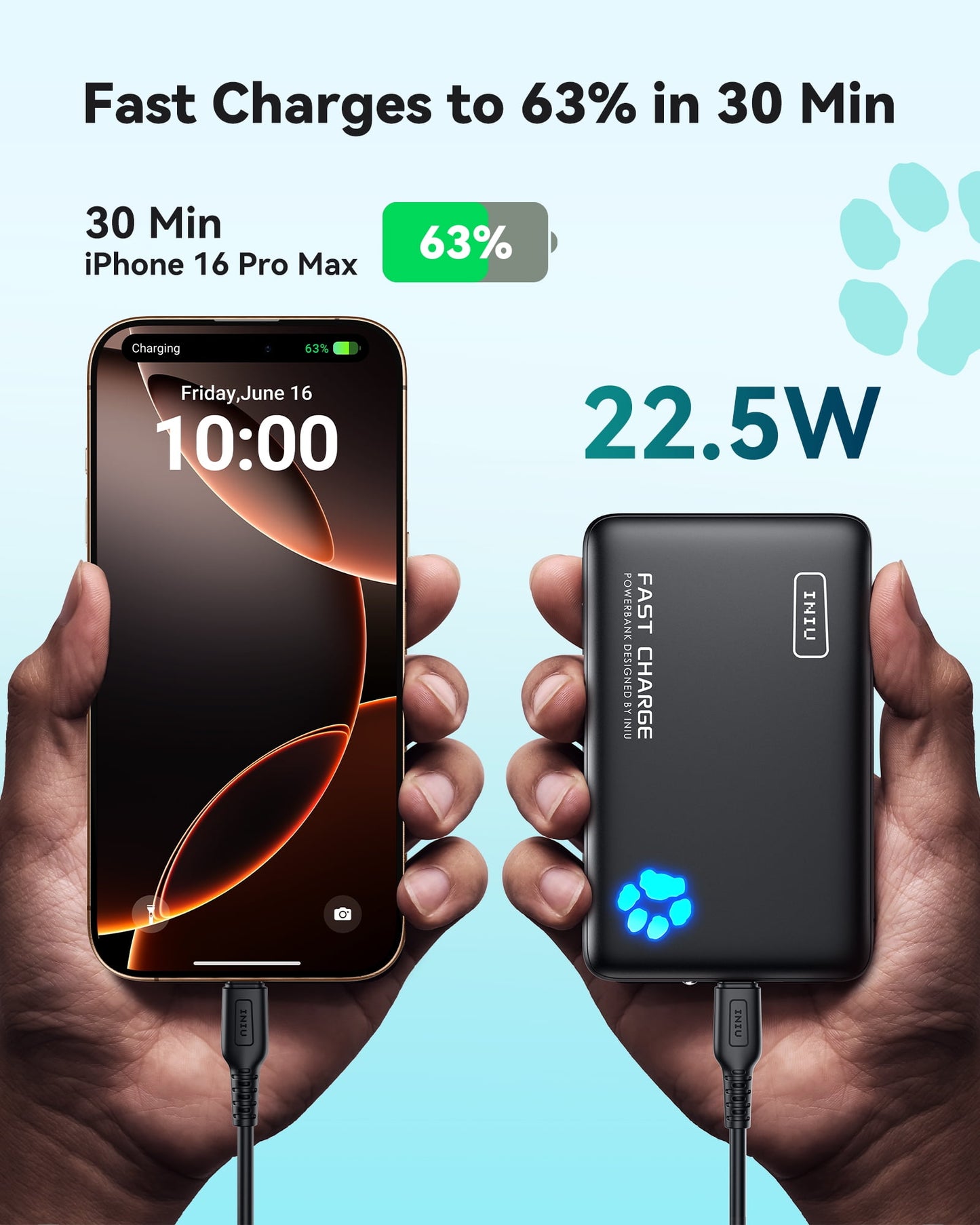 INIU PowerPaw 10K Power Bank, Slimmest 10,000mAh PD 22.5W Fast Chargin