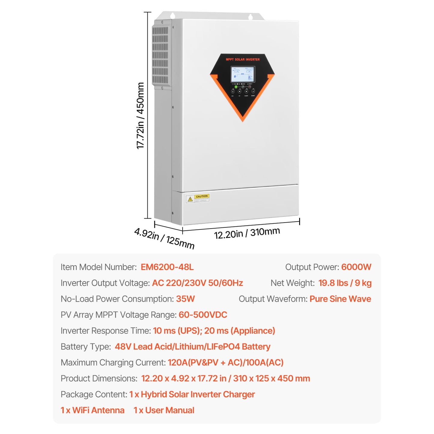 KFFKFF Hybrid Solar Inverter, 6000W, All-in-One Pure Sine Wave Power I