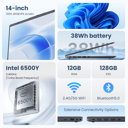 RNRUO 14" Laptop with Windows 11, 12GB RAM 128GB SSD, FHD Screen USB-C