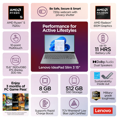 Lenovo IdeaPad Slim 3i 15.6" FHD Touch Laptop, AMD Ryzen 5 7520U, 8GB