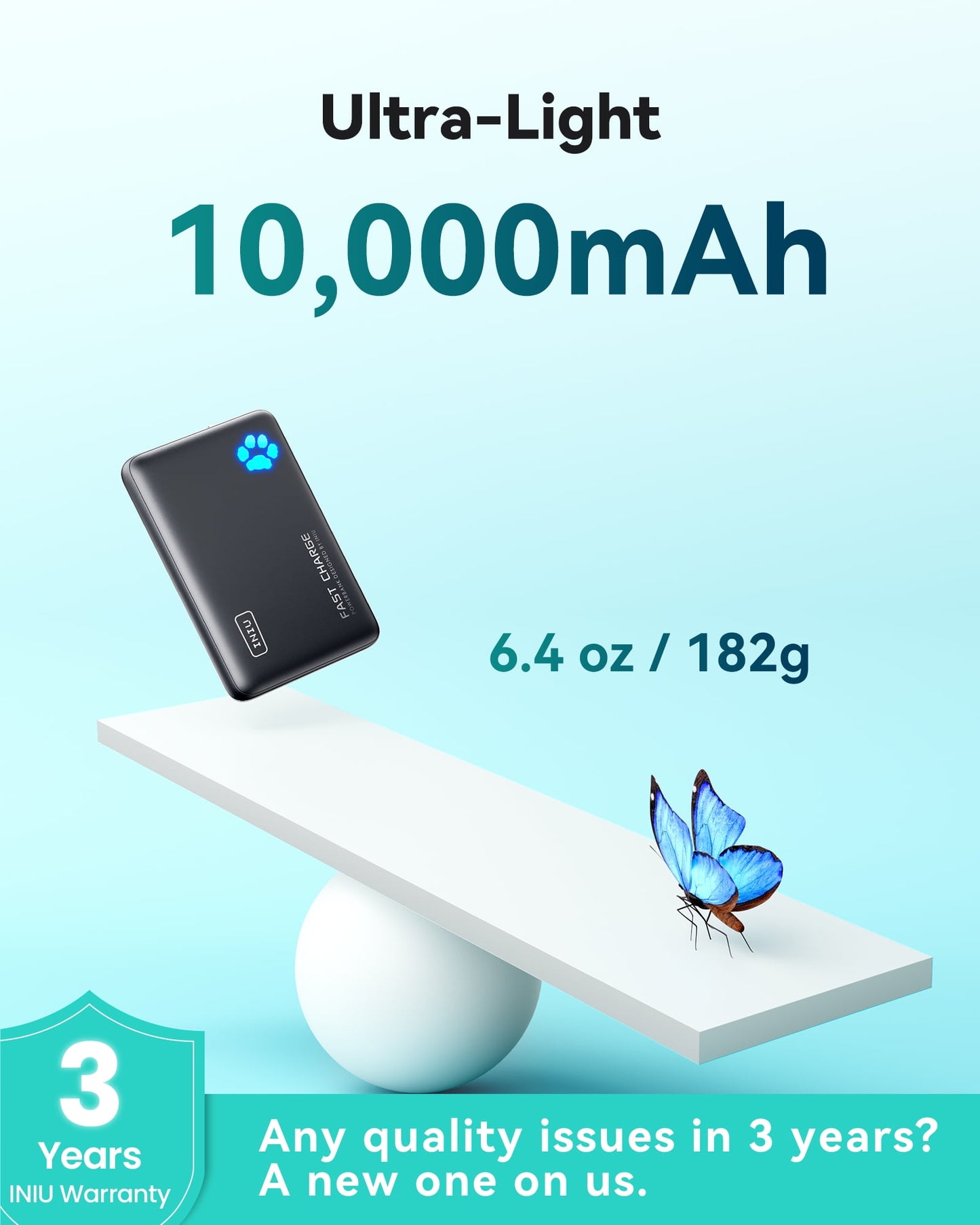 INIU PowerPaw 10K Power Bank, Slimmest 10,000mAh PD 22.5W Fast Chargin