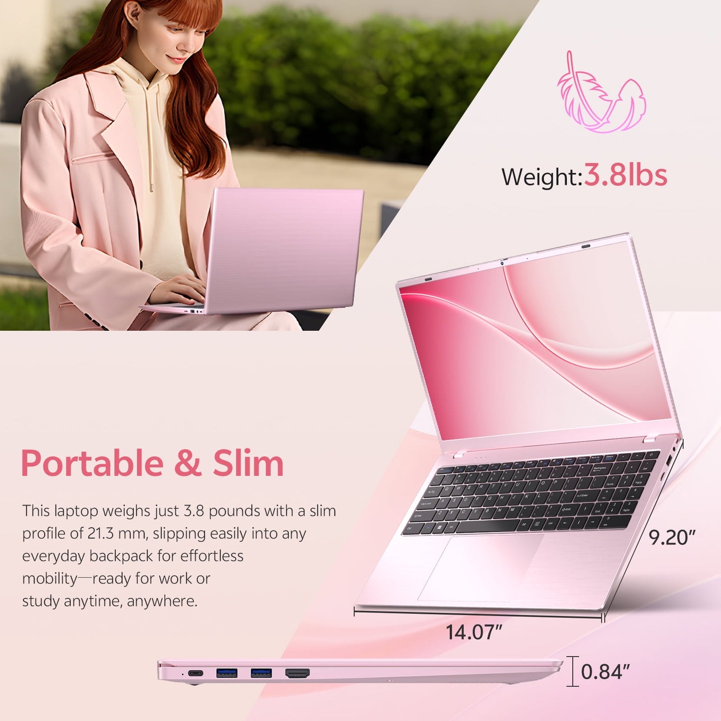 THTRO 15.6" Pink IPS FHD Laptop Computer, 512GB SSD 16GB RAM, Intel 65