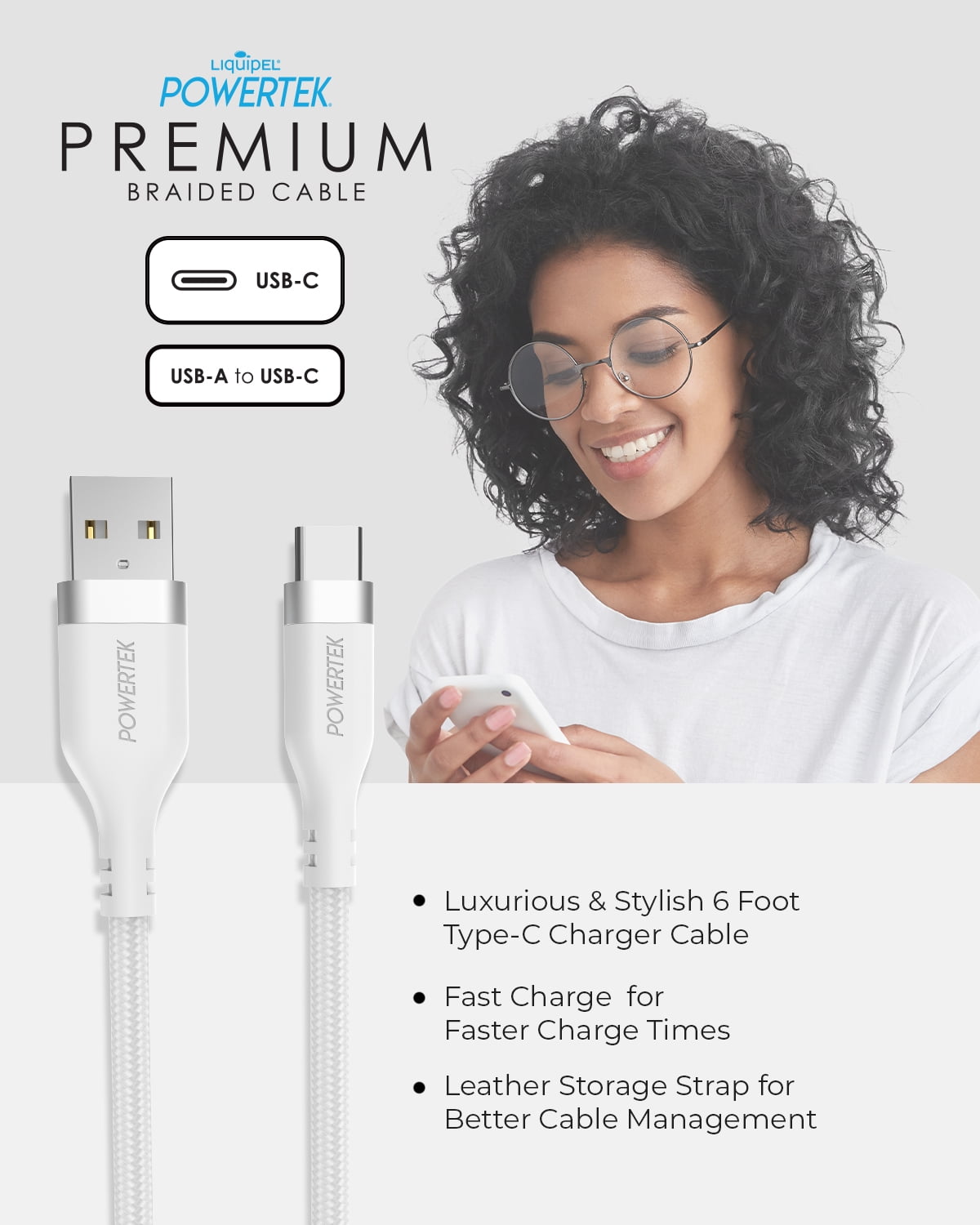 Liquipel Powertek Type-C Fast Charger Cable, 6ft USB-C for Galaxy, Not