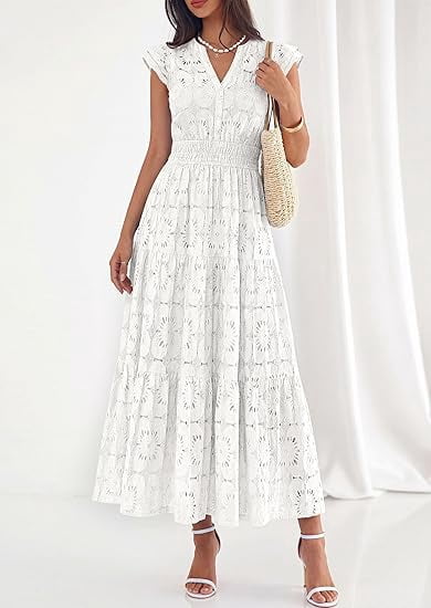PRETTYGARDEN Womens Boho Maxi Dresses Summer Floral Lace Eyelet V Neck