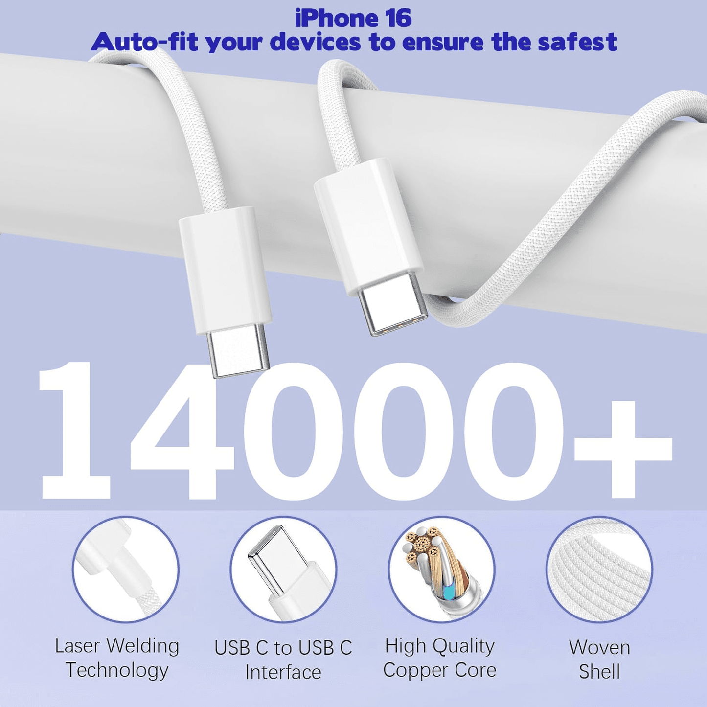 for iPhone 17 16 Charger,2Pack 10FT USB C to C Woven Cable Cord 40W US