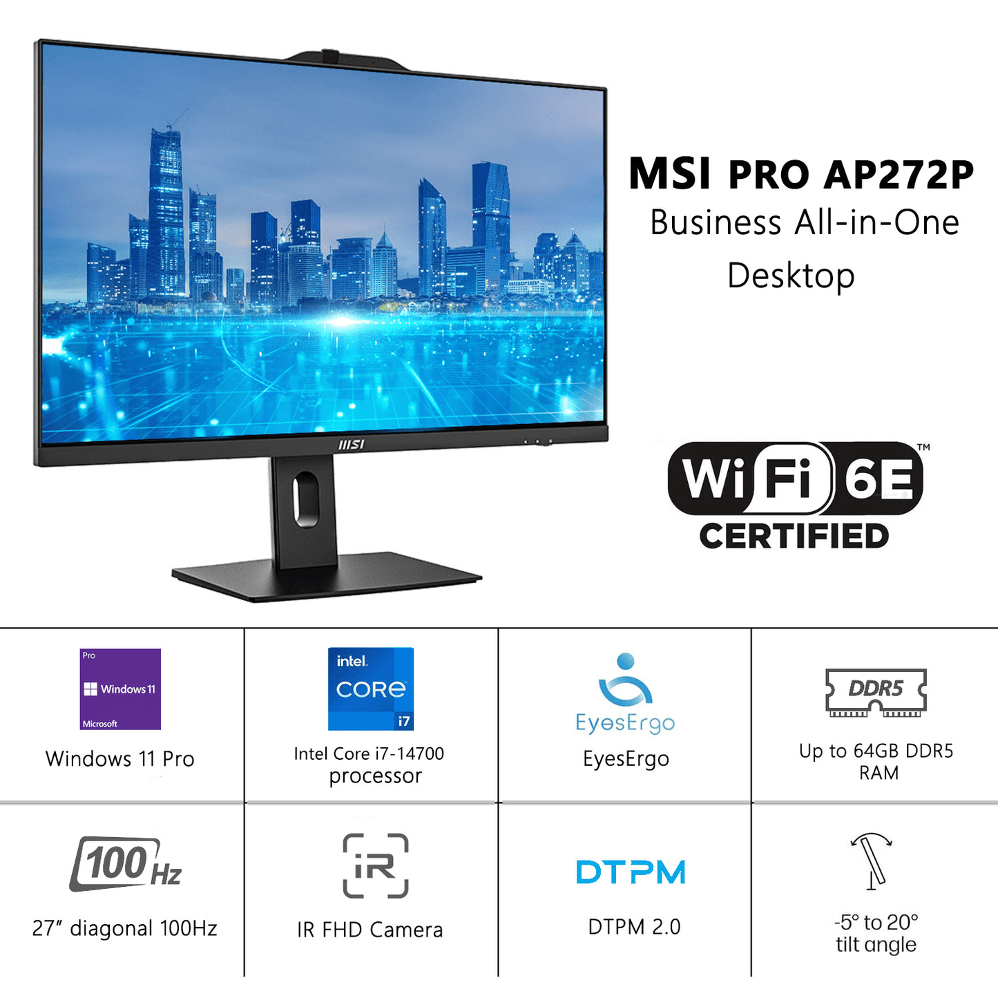 MSI PRO Business All-in-One, 27" FHD 100Hz, Intel Core i7-14700, 16GB
