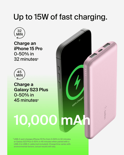 Belkin Portable Charger, USB-C Power Bank 10,000mAh w/ 1xUSB-C and 2xU