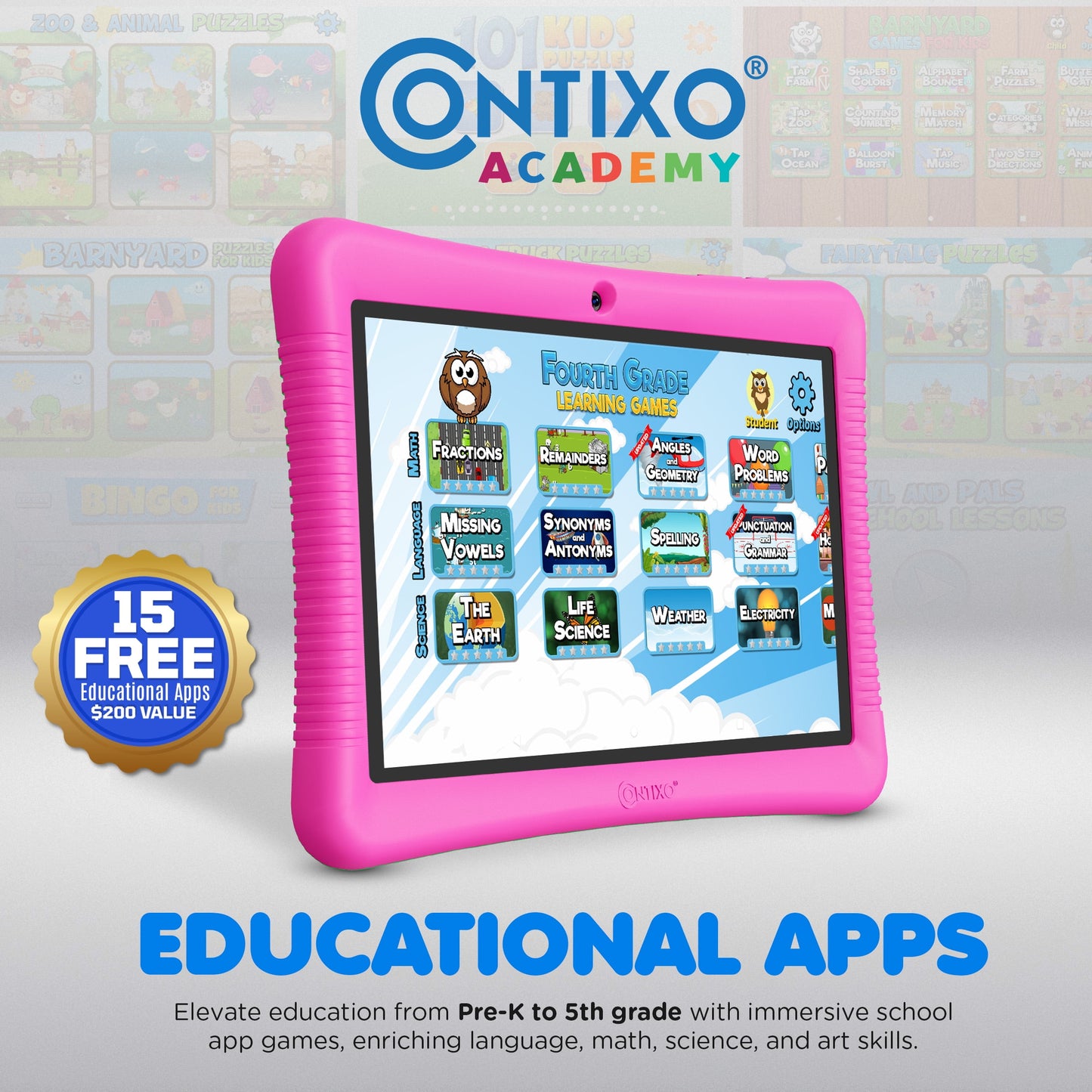 Contixo K102 Kids Tablets Bundle, Educational Tablets for Kids with Ca