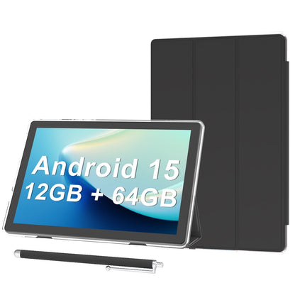 Android 15 Tablet 10 inch Tablets with Case, 12GB RAM + 64GB ROM (Expa