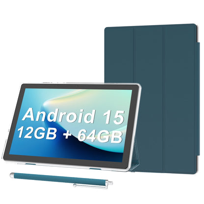 Android 15 Tablet 10 inch Tablets with Case, 12GB RAM + 64GB ROM (Expa