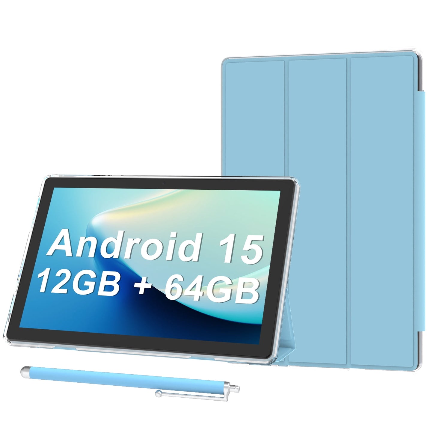 Android 15 Tablet 10 inch Tablets with Case, 12GB RAM + 64GB ROM (Expa