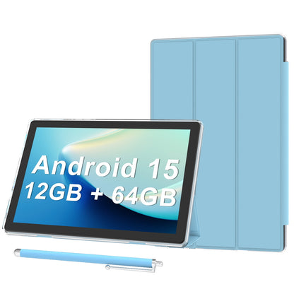 Android 15 Tablet 10 inch Tablets with Case, 12GB RAM + 64GB ROM (Expa