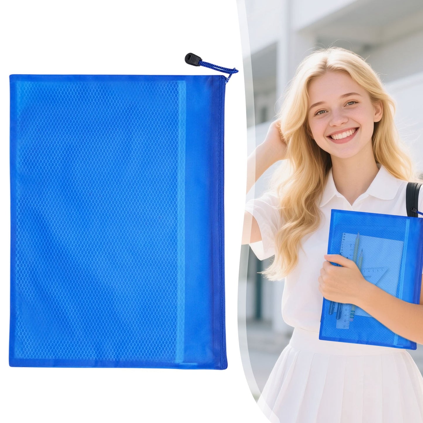 Blue A4 Mesh Zipper File Bags, Waterproof Document Organizer Pouch for