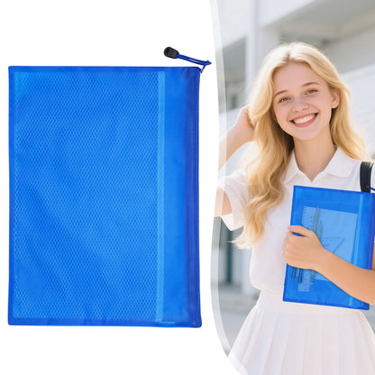Blue A4 Mesh Zipper File Bags, Waterproof Document Organizer Pouch for