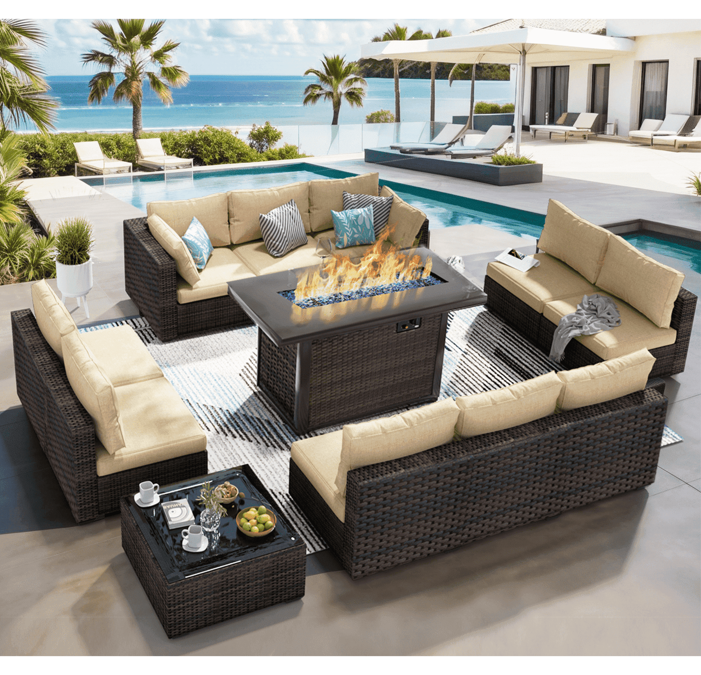 Grezone Outdoor Garden 12 Piece Patio Furniture with 43" 55000BTU Gas