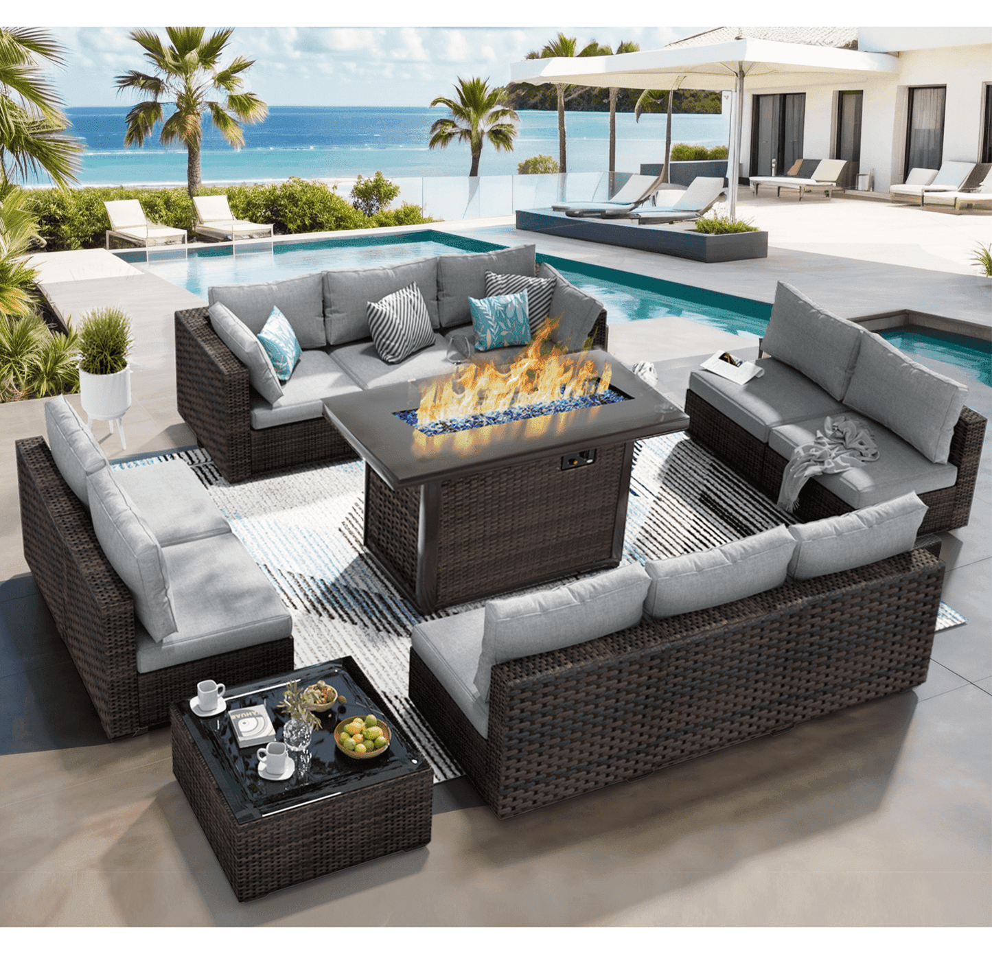 Grezone Outdoor Garden 12 Piece Patio Furniture with 43" 55000BTU Gas