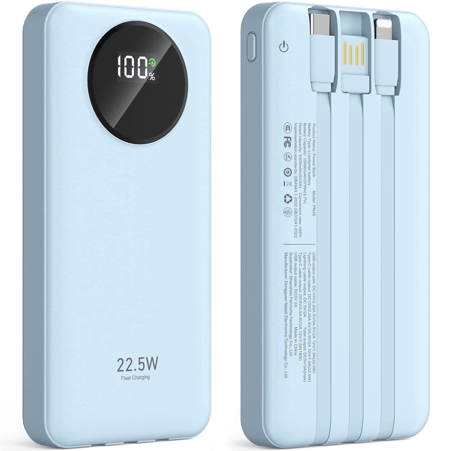 JIUMESS 10000mAh Power Bank with Cables 22.5W Fast Portable Charger Co