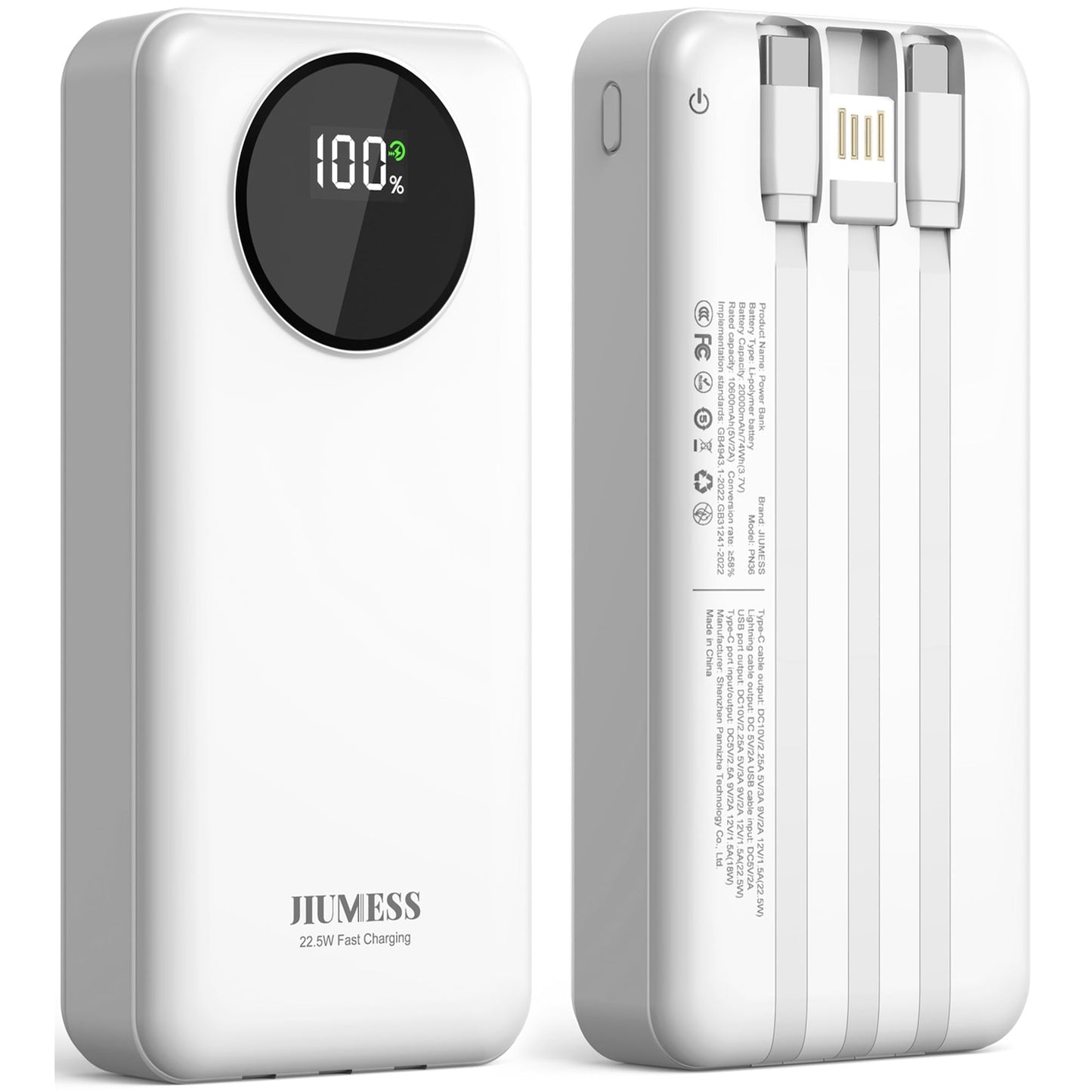 JIUMESS 10000mAh Power Bank with Cables 22.5W Fast Portable Charger Co