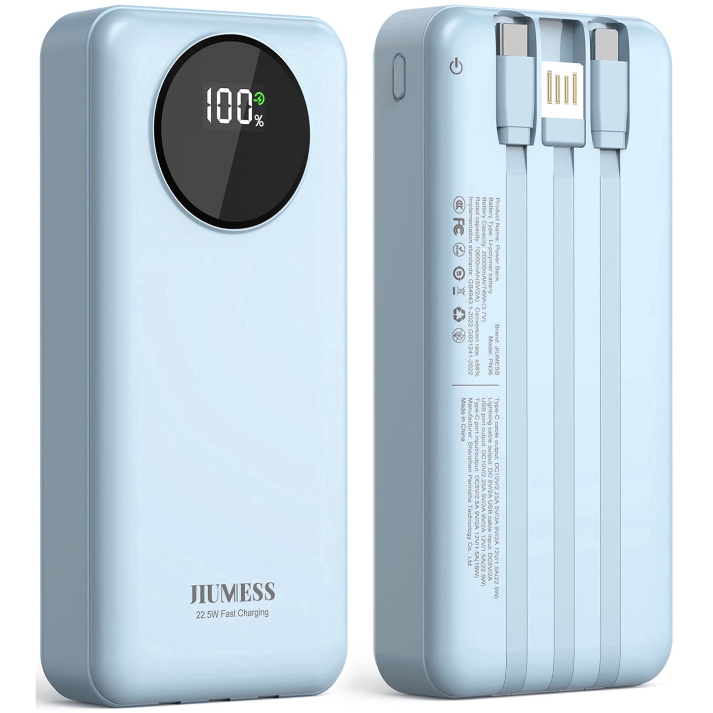JIUMESS 10000mAh Power Bank with Cables 22.5W Fast Portable Charger Co