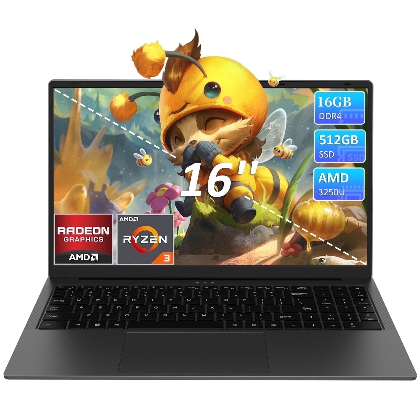 KurieTim 16" Laptop Computer, 16GB RAM 512GB SSD AMD Ryzen 5 3500U wit