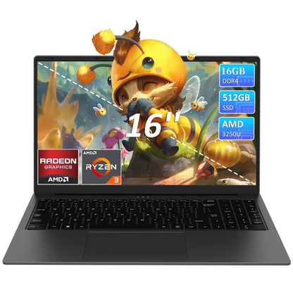 KurieTim 16" Laptop Computer, 16GB RAM 512GB SSD AMD Ryzen 5 3500U wit