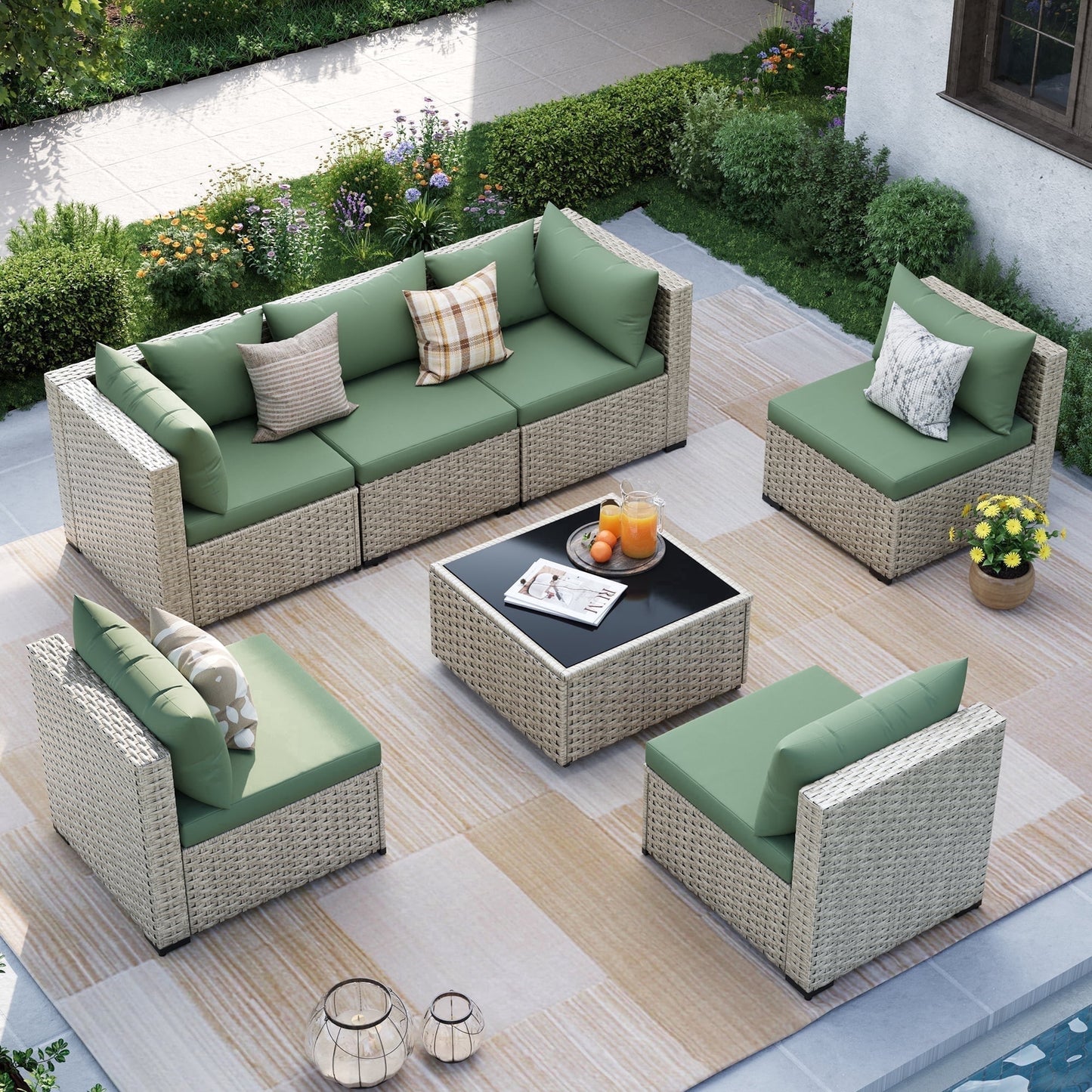 MRUAKA Outdoor Patio Furniture Set, 7-Piece Modular Sectional Sofa Wit