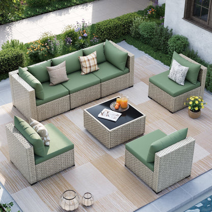 MRUAKA Outdoor Patio Furniture Set, 7-Piece Modular Sectional Sofa Wit